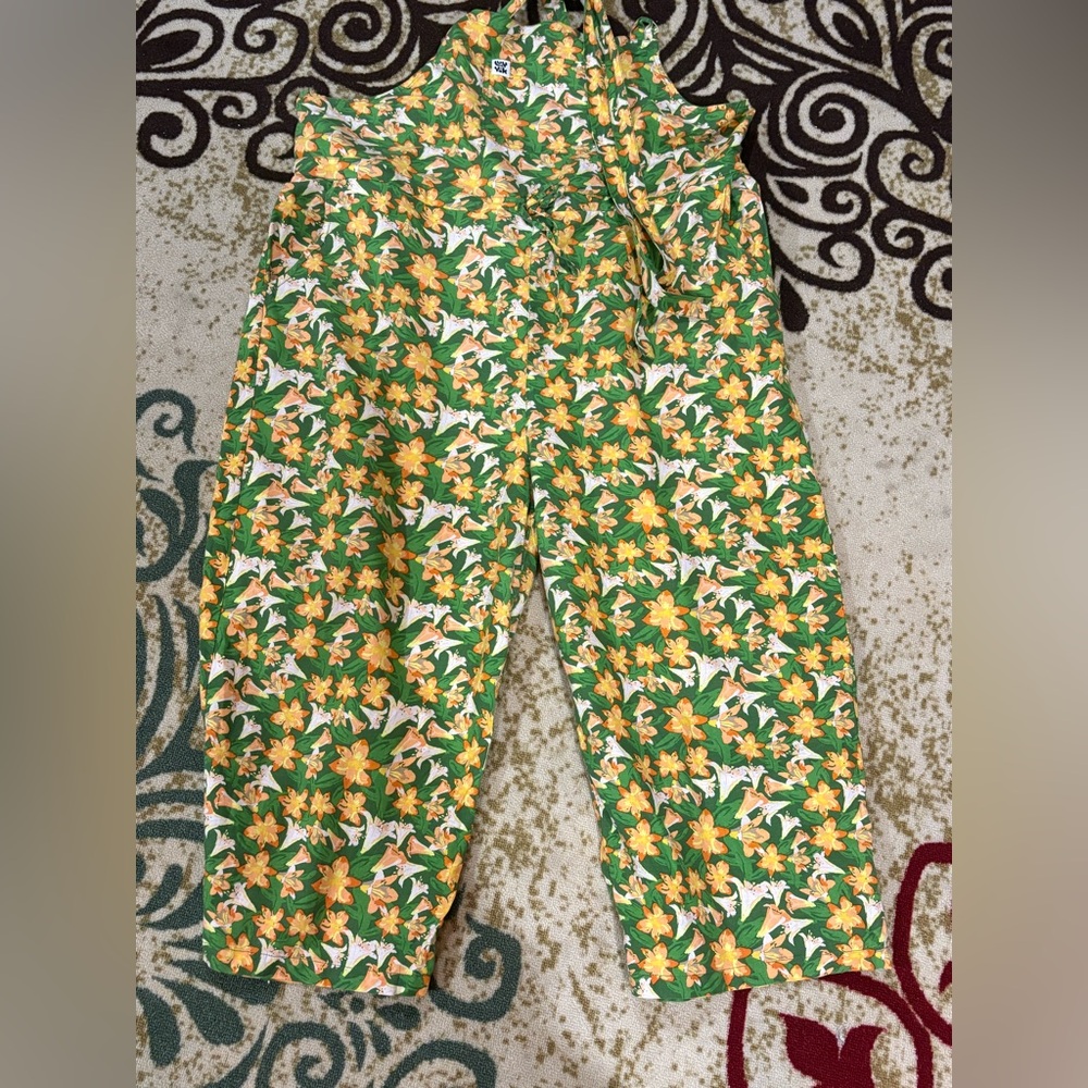 Floral Green and Yellow plus size women's overalls